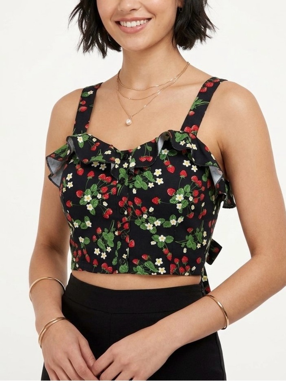 Collectif Black Strawberry Floral Ruffle Crop Tank Top S NWT
